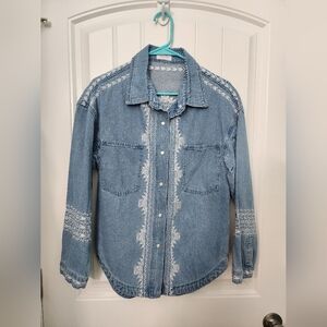 Pink Lily Remember Me Embroidered Trim Chambray Shacket, Size Small